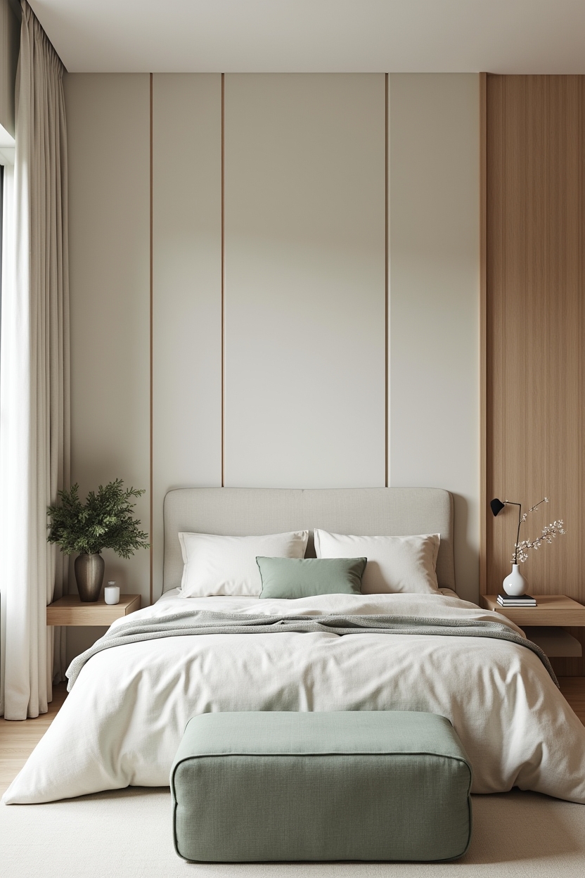 linen-wrapped wall panels in a 3-panel grid configuration mounted directly behind the bed home decor