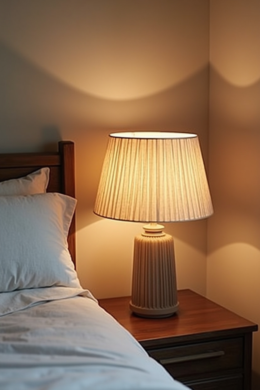 pleated natural linen lamp shades on bedside table lamps diffusing warm amber candlelight home decor