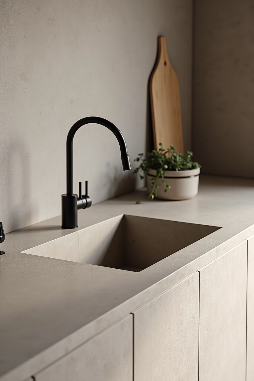 seamless micro-cement counters with integrated matte sink home decor