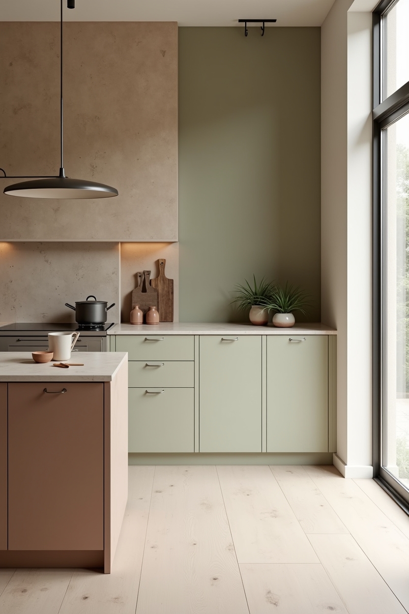 two-tone color-blocked counters with matte clay prep zone home decor
