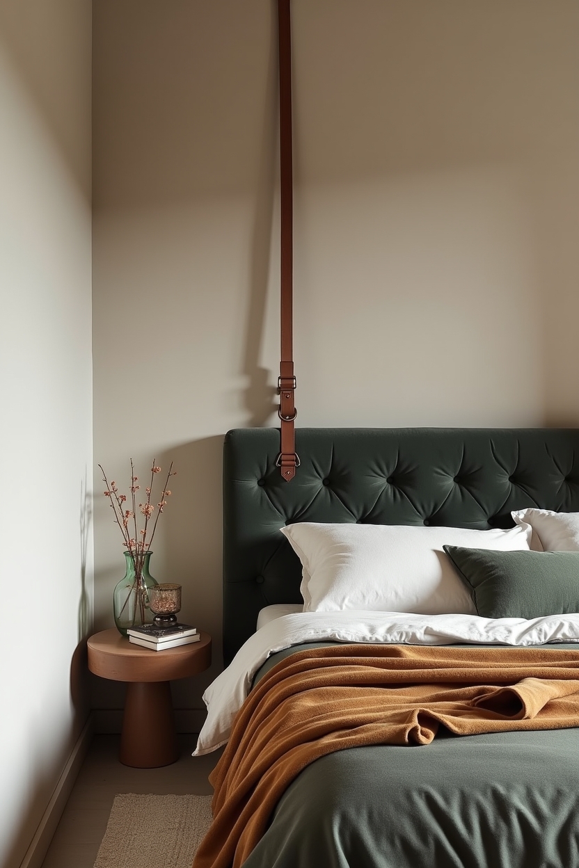 charcoal velvet headboard suspended by leather straps home decor