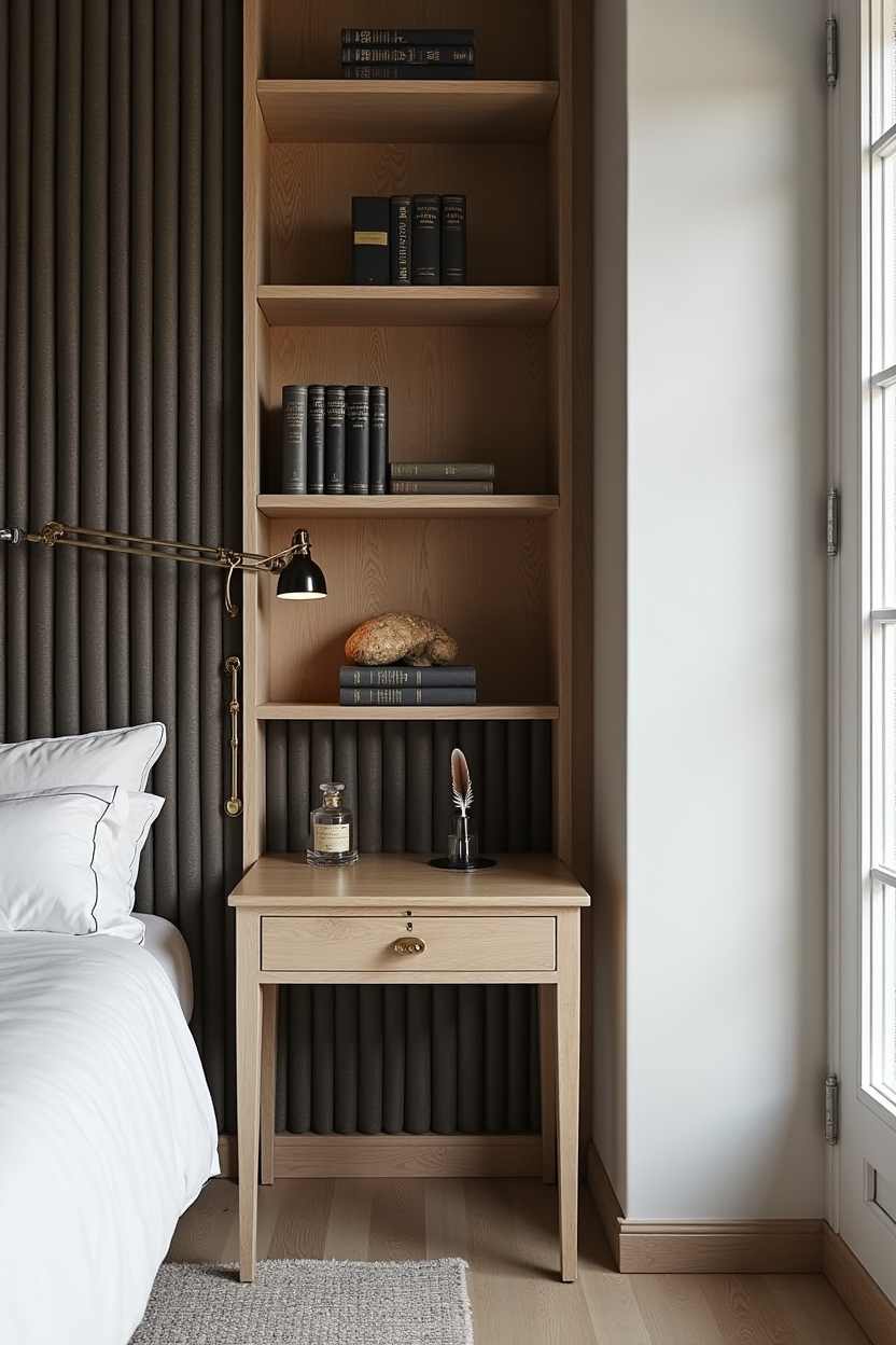 monochrome vintage-book wall with brass spine labels home decor