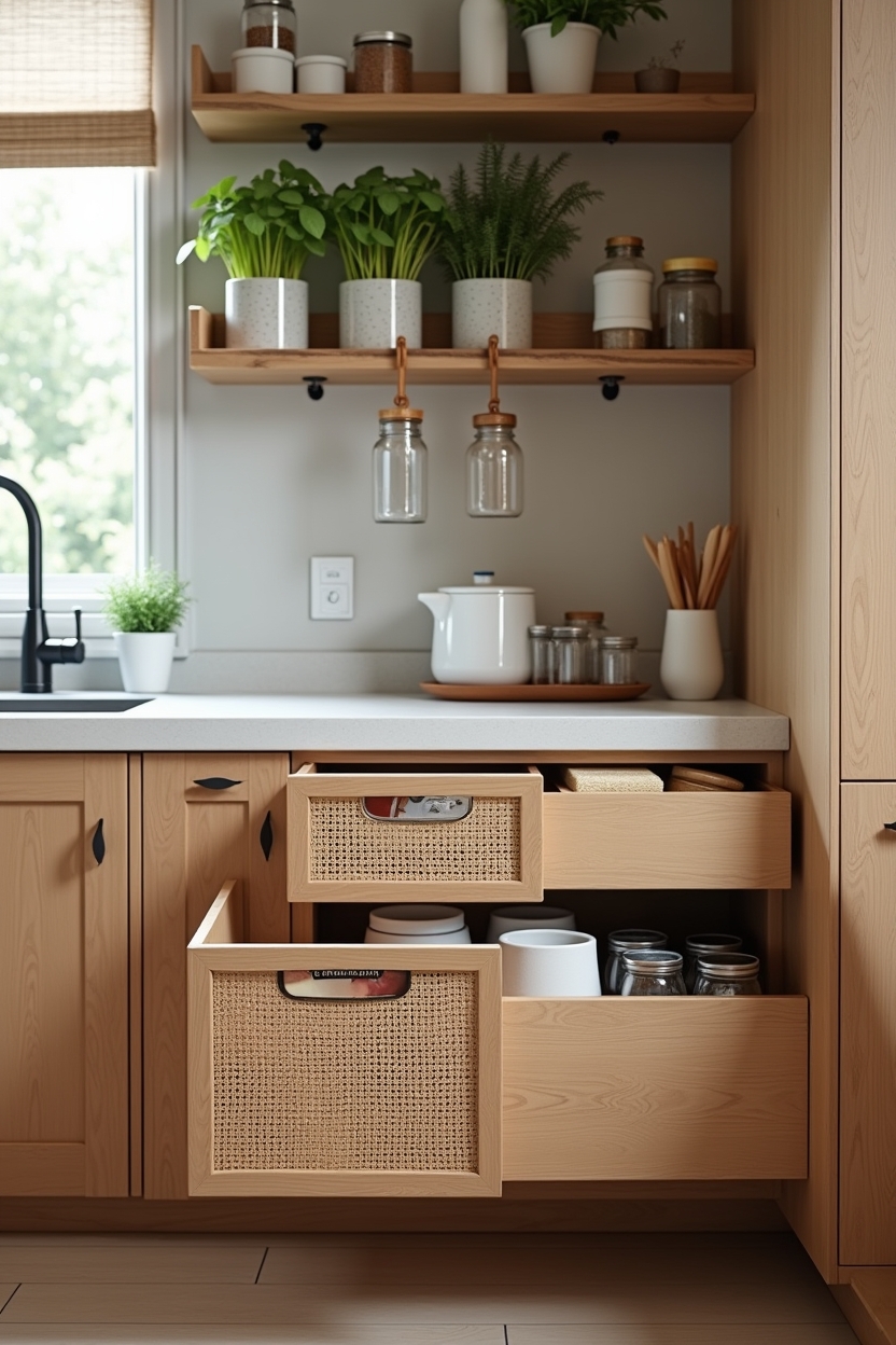 reclaimed teak pull-out drawers with woven rattan fronts home decor