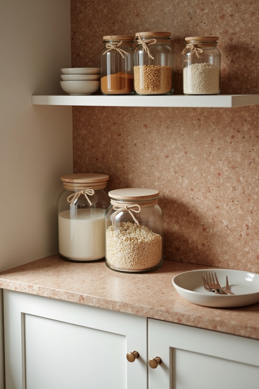 warm-toned terrazzo backboard behind open shelving home decor