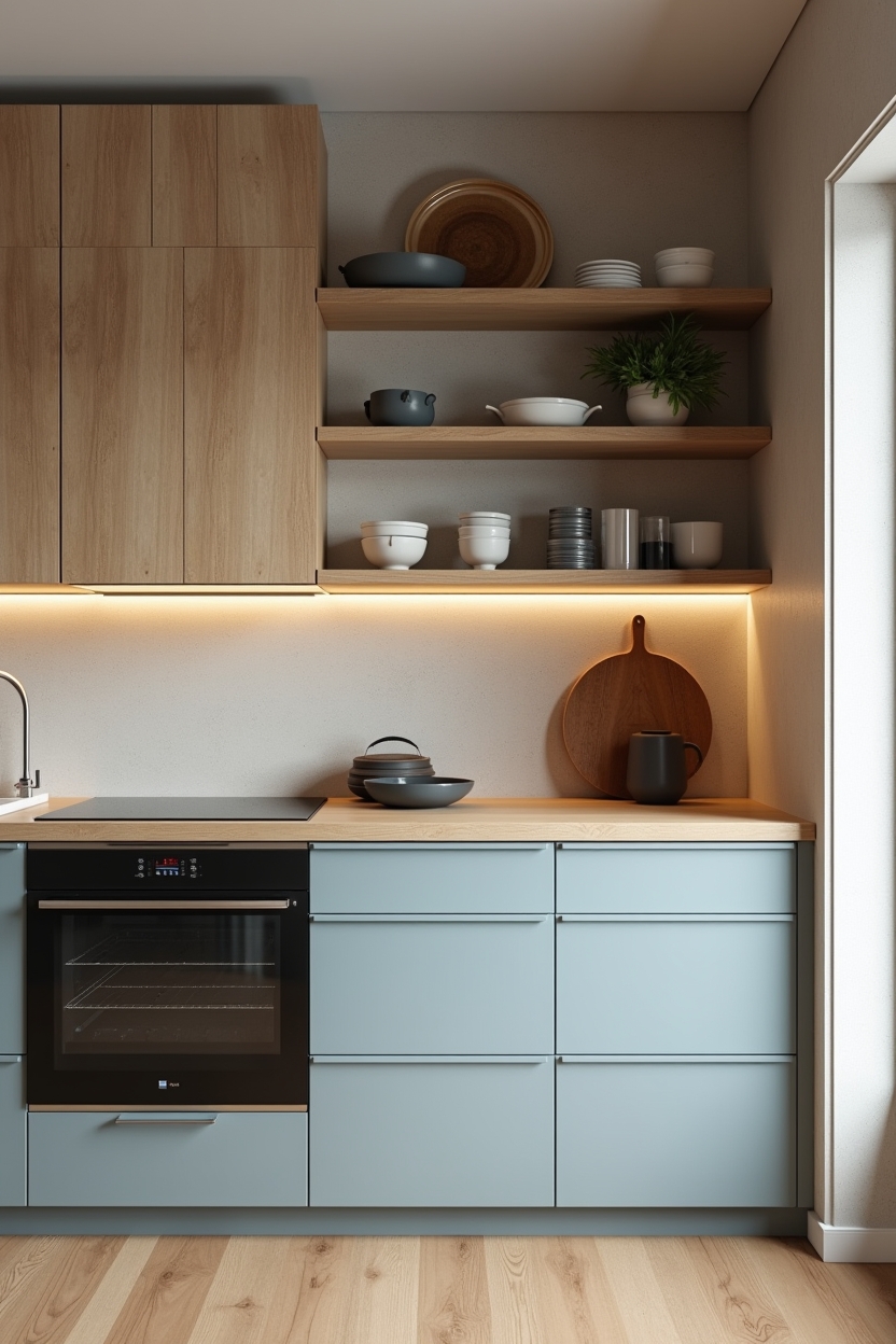 reclaimed teak floating shelves with integrated LED home decor