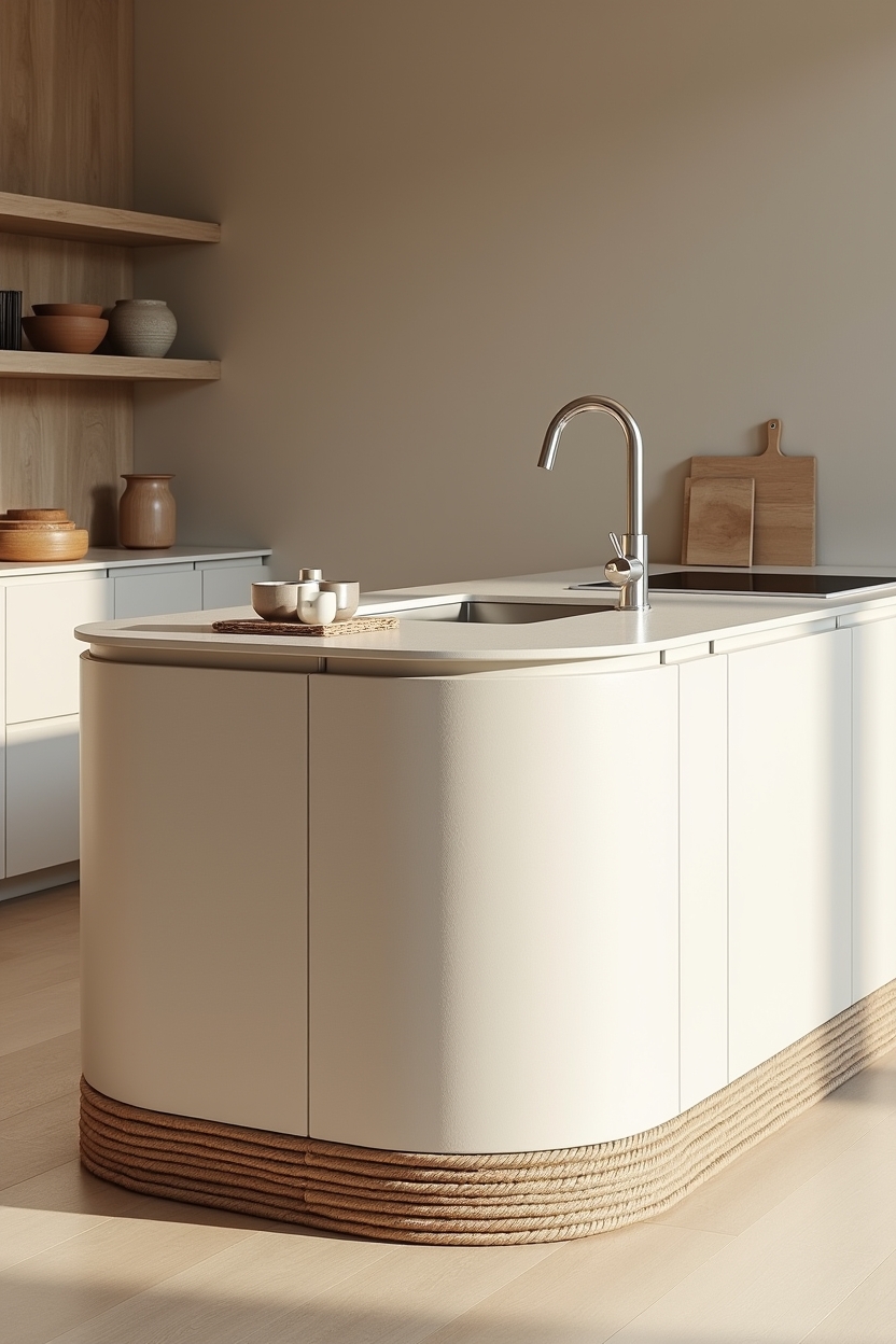 gently curved warm-white island with rope-wrapped base and shell-inset waterfall home decor