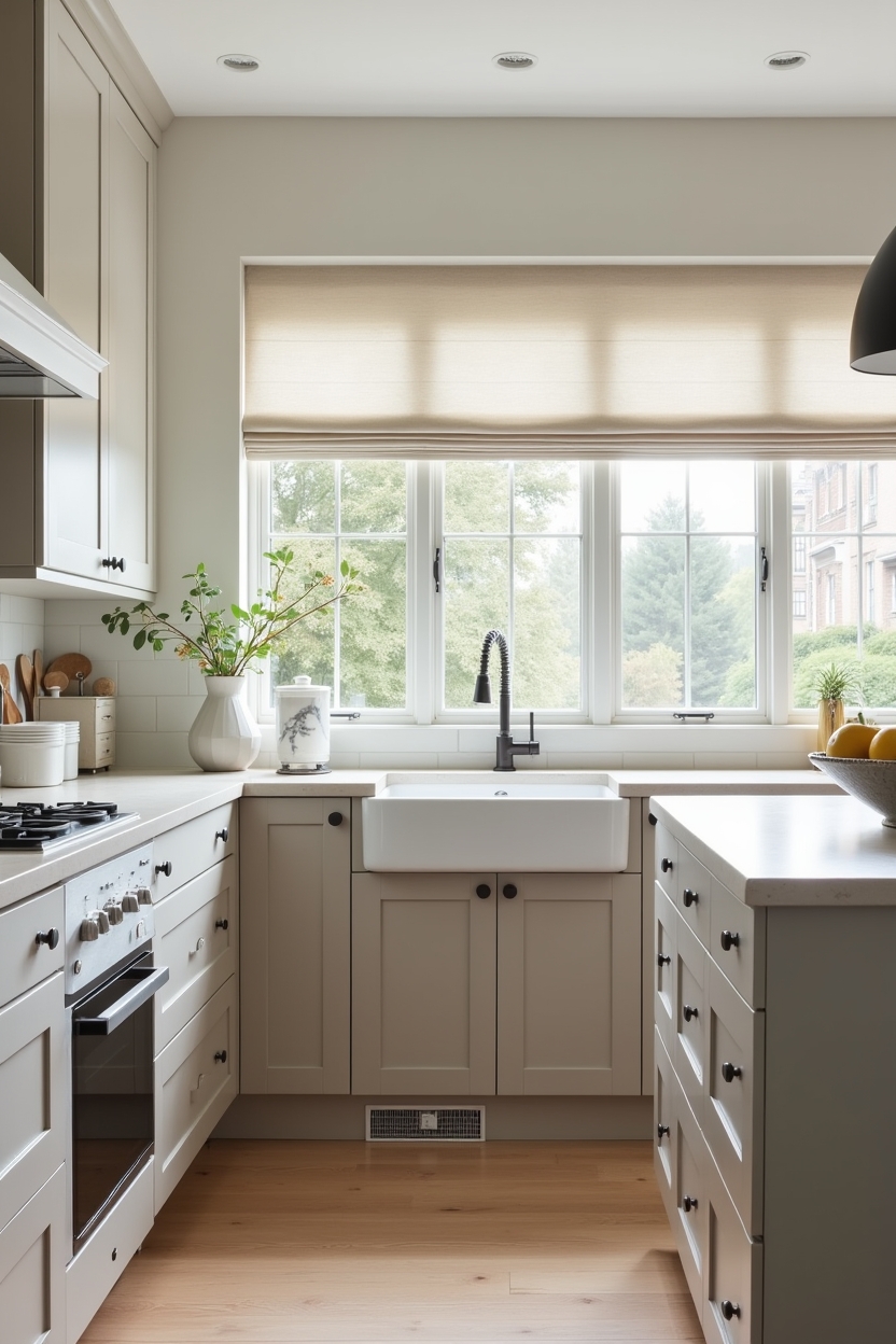 sanded driftwood-gray shaker cabinetry with two‑tone lowers home decor