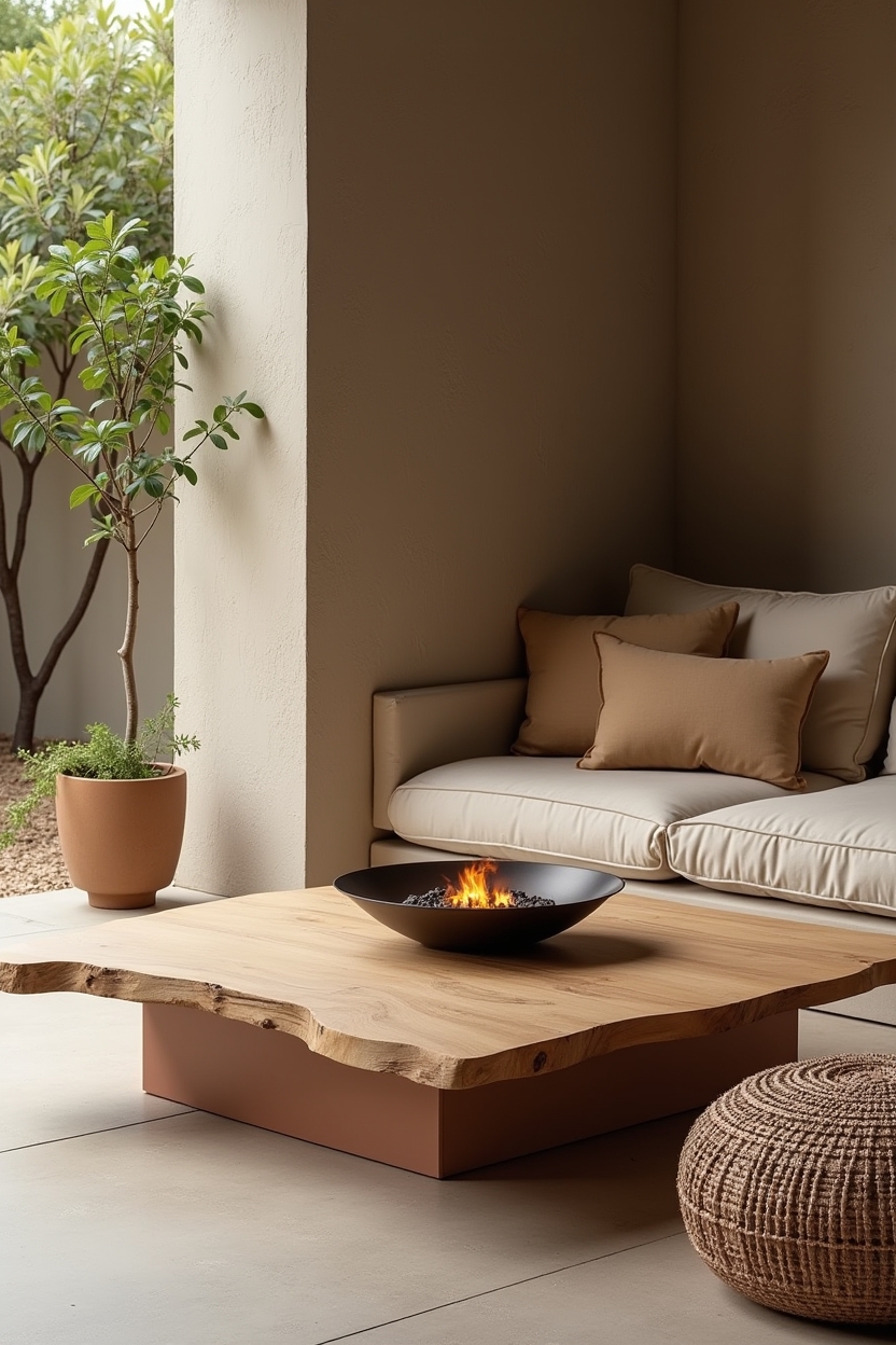 raw-edge teak coffee table with hibachi fire bowl home decor