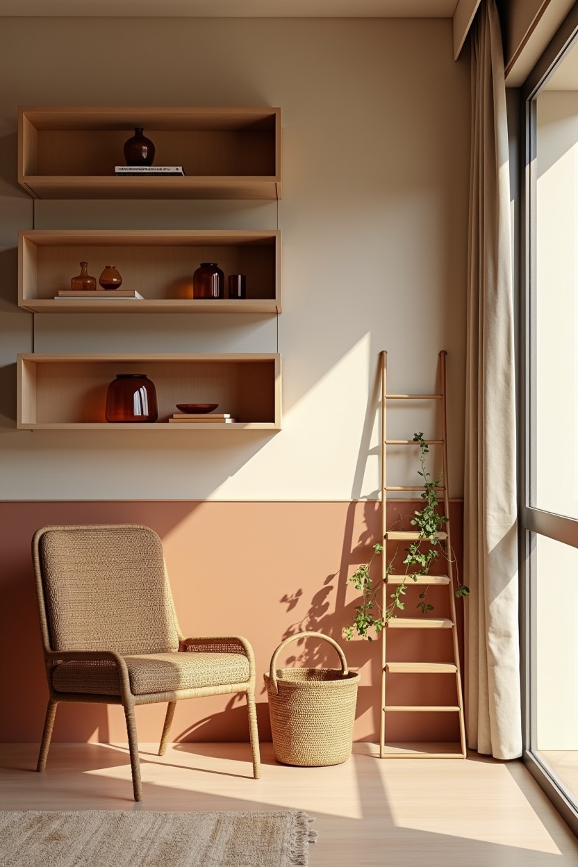 rustic fall office reading corner ideas — staggered woven rattan shelves featuring woven rattan shelving