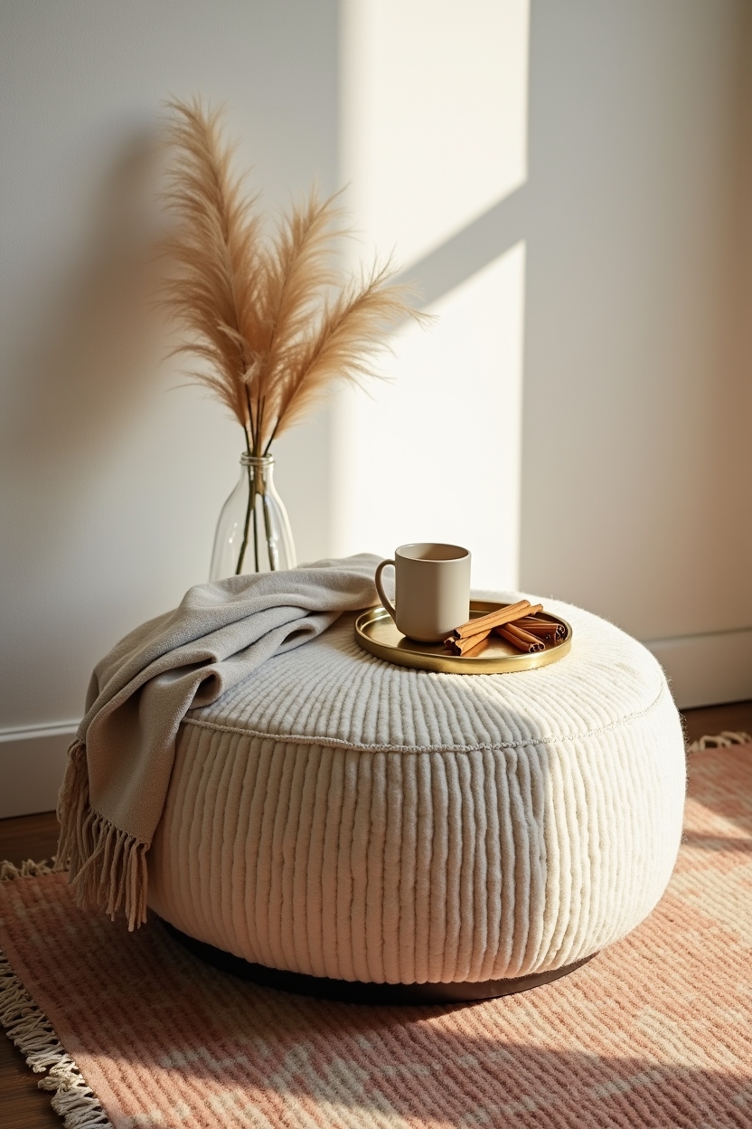 rustic fall office reading corner ideas — ivory bouclé footstool featuring soft textile contrast (bouclé & linen) with ethnic rug anchoring