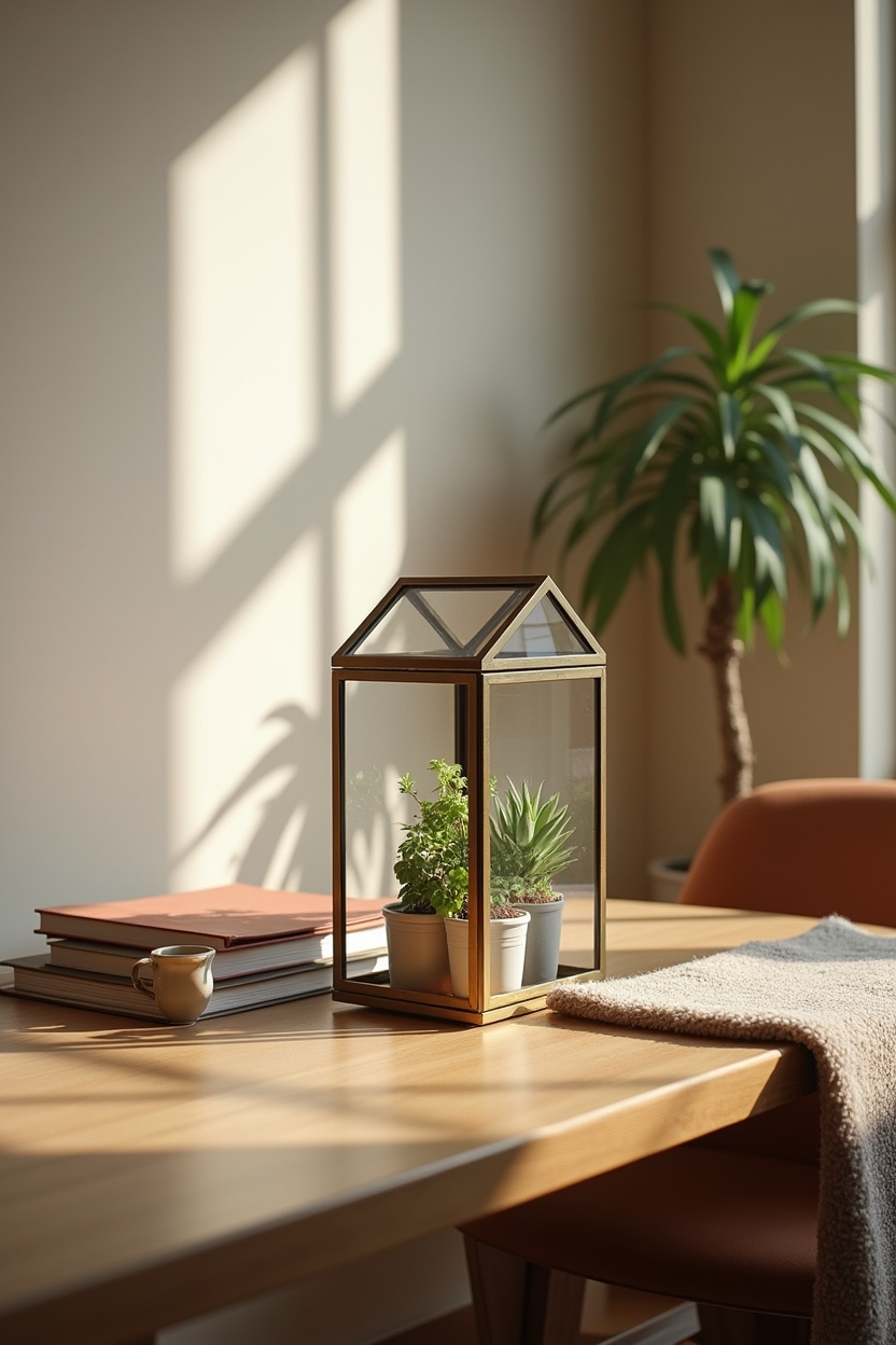 rustic fall office reading corner ideas — brass-and-glass mini greenhouse shelf featuring mini greenhouse tabletop display