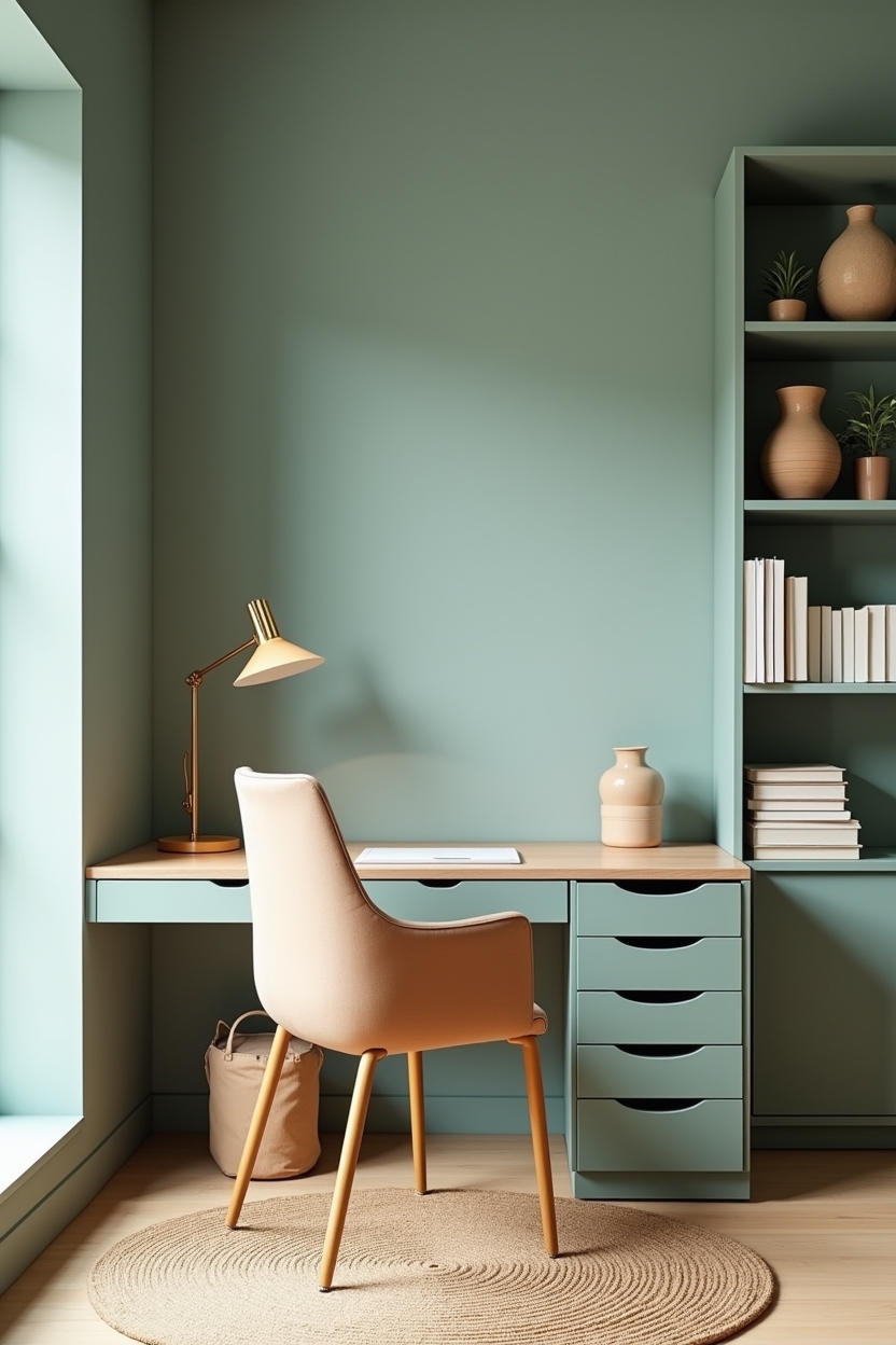 calming office color palette — two-tone desk (oatmeal top, deep sage drawers) featuring dusty_aqua_accent_wall