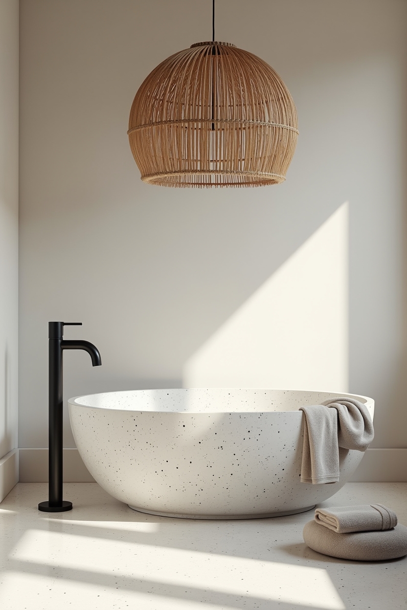 soft-oval curved terrazzo freestanding tub with blue flecks home decor