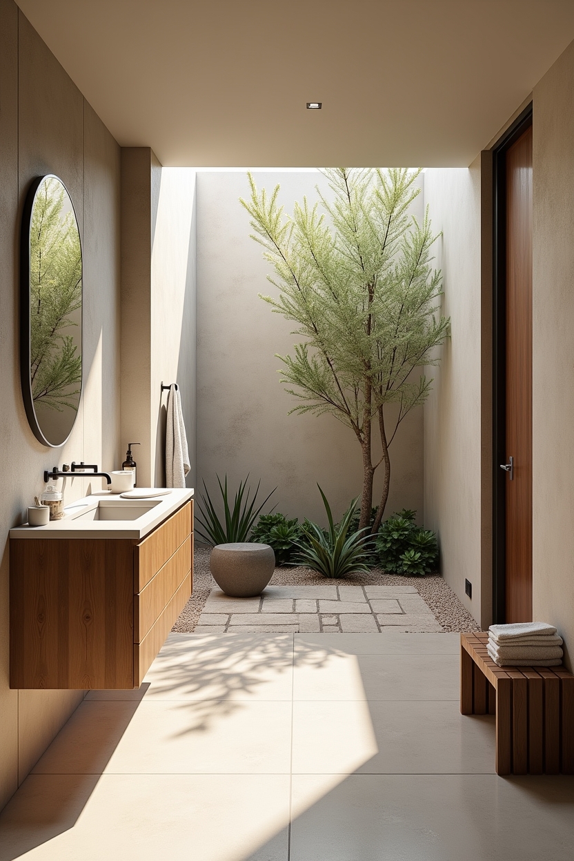 micro outdoor shower courtyard with limestone pavers home decor
