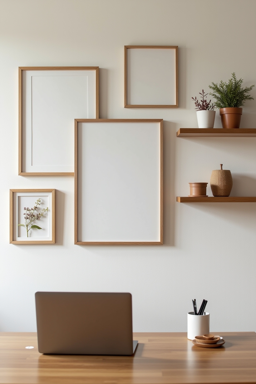 cozy small office wall decor — rattan-framed artwork featuring tactile layered mini-gallery