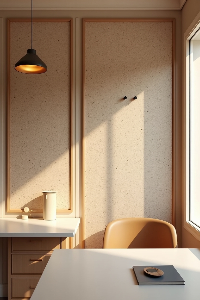 cozy small office wall decor — terrazzo pegboard panel trimmed with wooden rails featuring warm terrazzo-effect pegboard panel