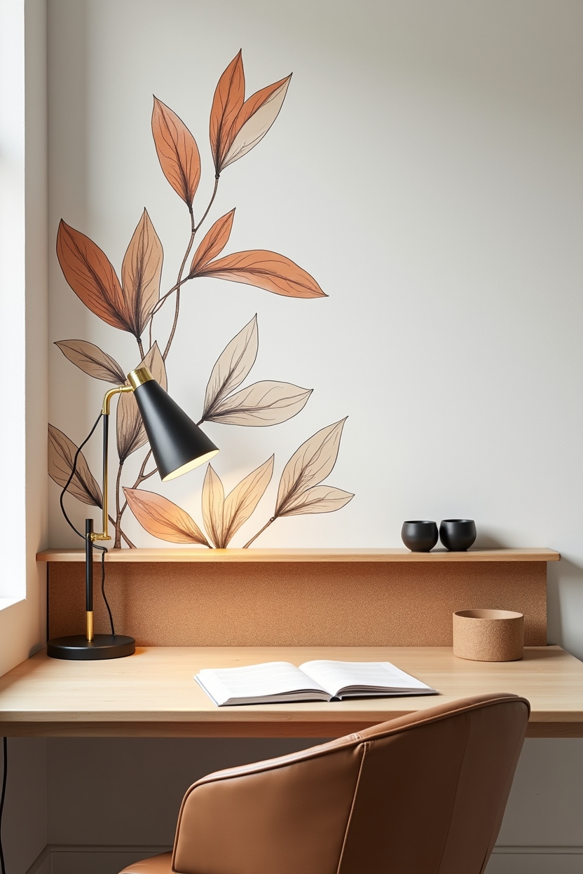 cozy small office wall decor — overscale inked-leaf mural behind desk featuring hand-drawn macro botanical mural