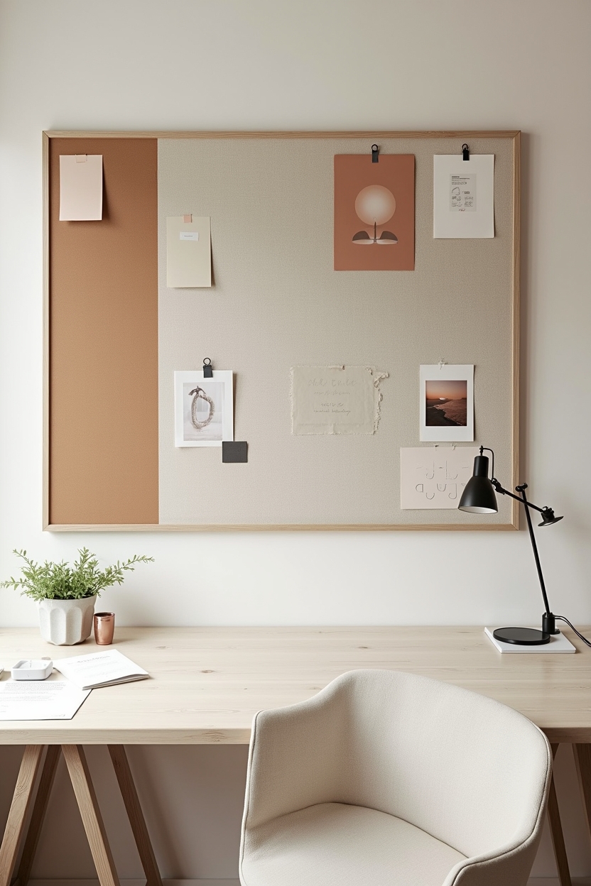 cozy small office wall decor — linen-covered framed pinboard divided into three color blocks featuring overscale linen-framed pinboard with color-block zones