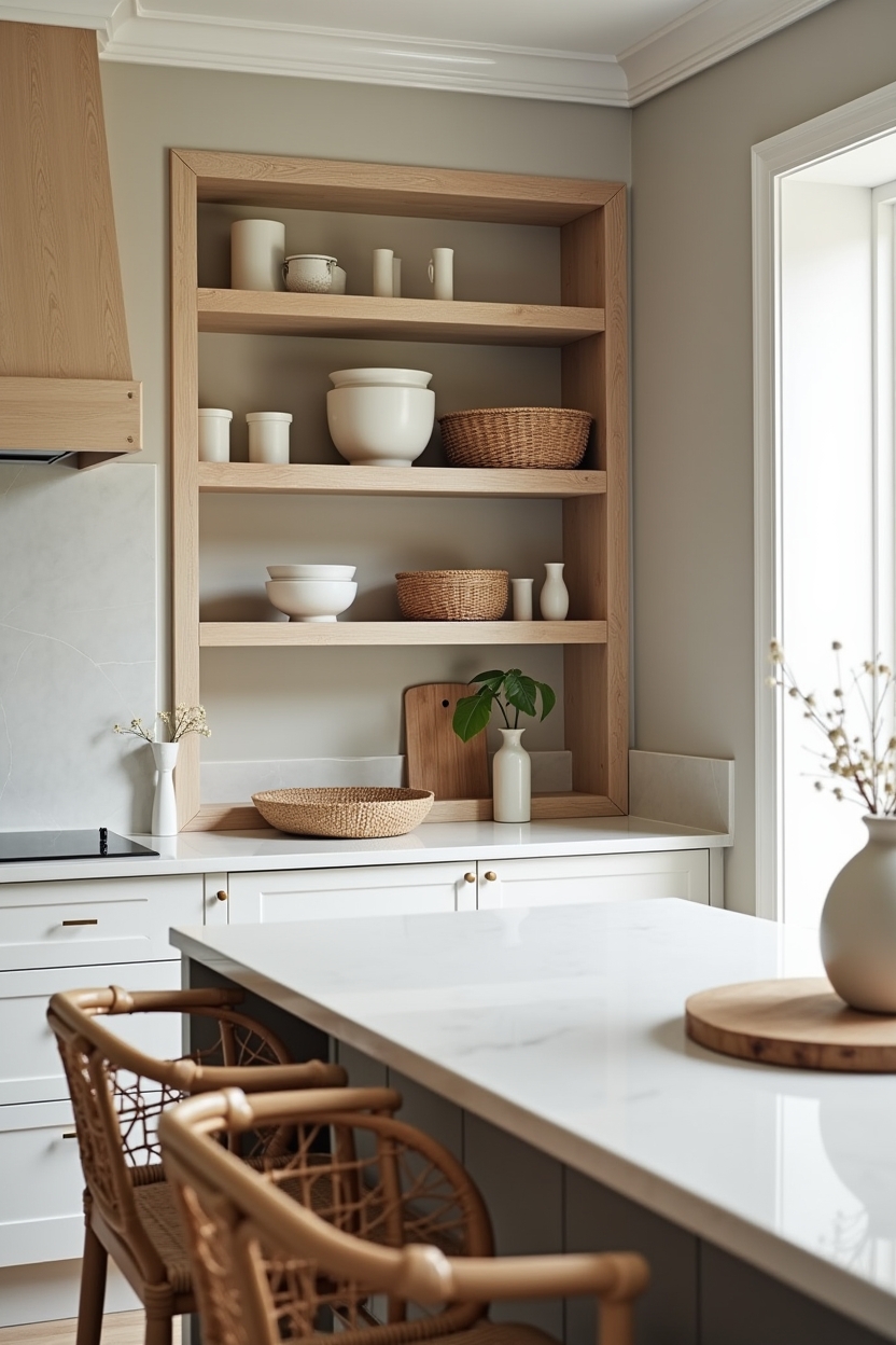 driftwood-framed open shelving vignette home decor