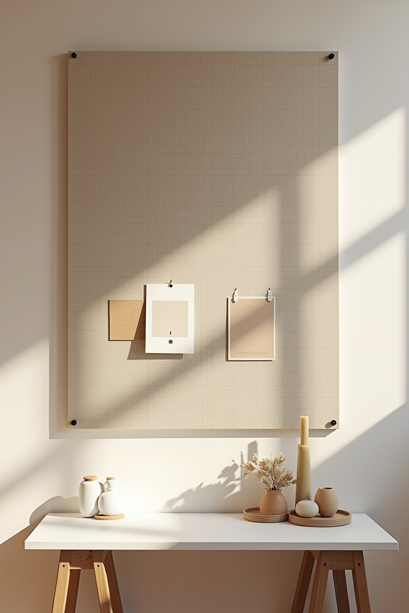 linen office background ideas — cork pinboard covered in muted checker linen featuring muted checker linen-covered pinboard