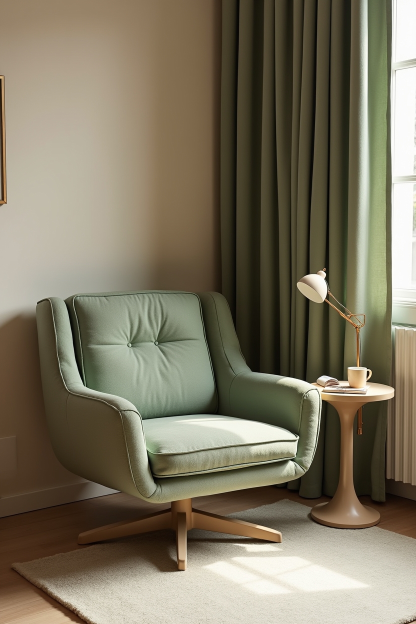 linen office background ideas — moss-green linen swivel chair with rounded arms featuring moss-green linen swivel chair