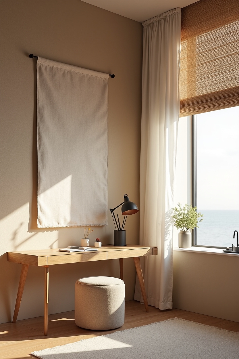 linen office background ideas — simple wooden desk featuring raw-flax linen wall panel