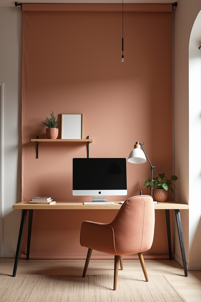 linen office background ideas — single minimal shelf or artwork mounted on the backdrop featuring full-width clay-toned linen backdrop