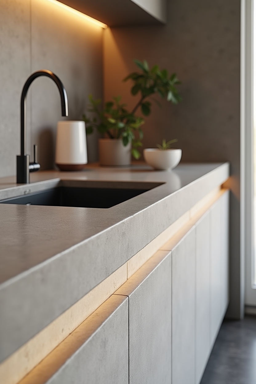 hand-finished microcement countertop with brass inlay home decor