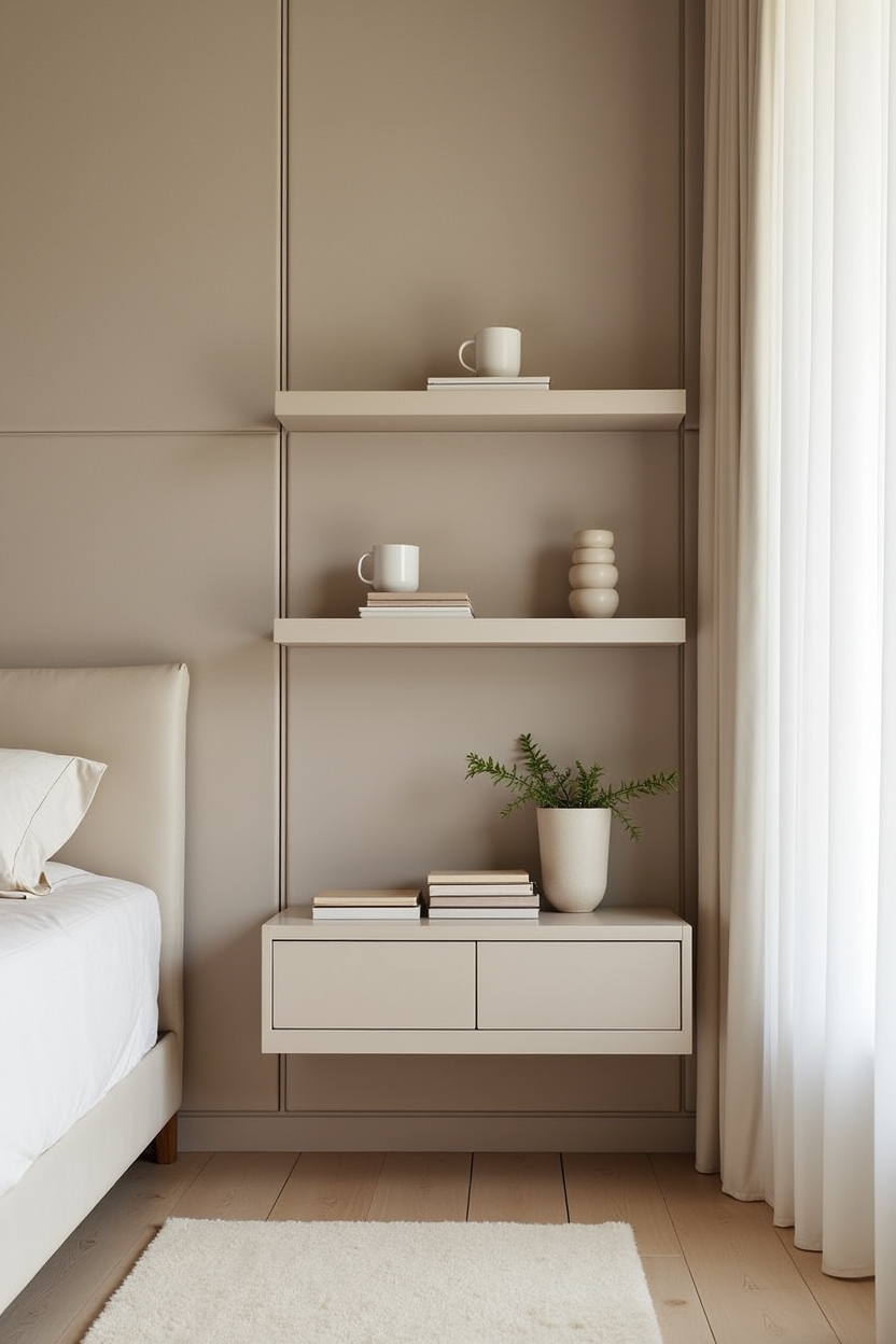 cream luxury bedroom ideas — asymmetrical plaster bedside shelf featuring shelving_style