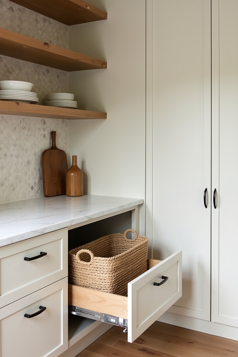 open lower pantry shelving fitted with woven seagrass pull-out basket drawers against cabinetry with zellige-tiled interior back panels in soft off-white or cloudy sage home decor