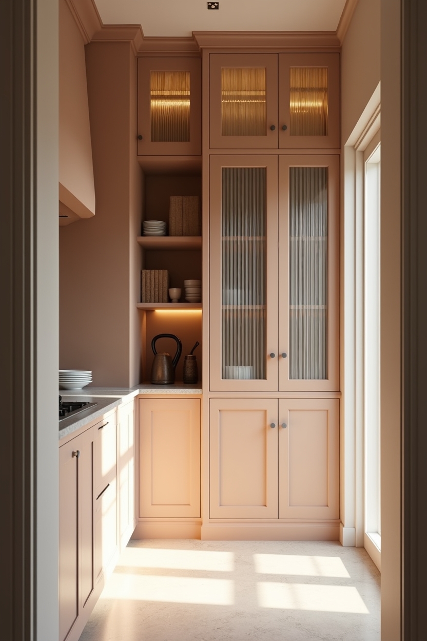matte chalky plaster-toned pantry cabinetry painted in warm umber with fluted glass door inserts glowing from interior cabinet lighting home decor