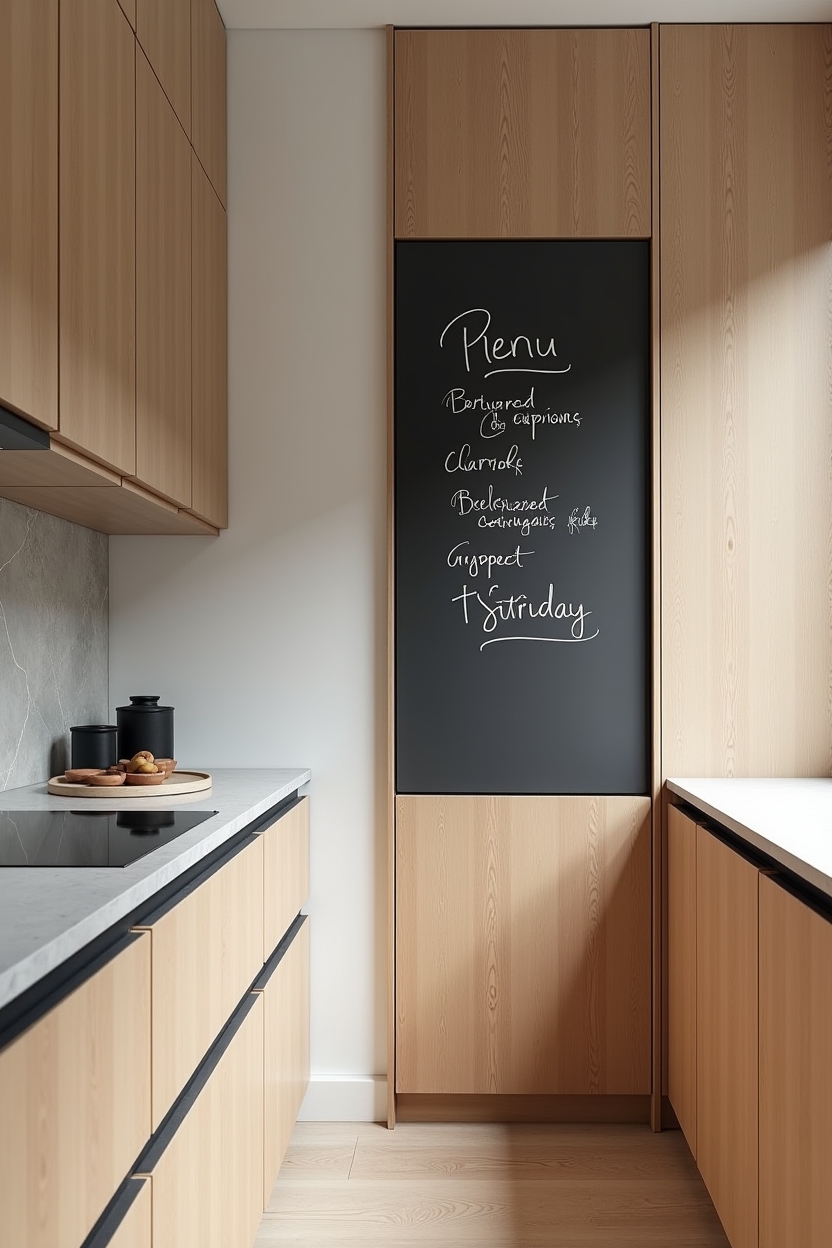 slim built-in chalkboard strip painted flush onto a narrow wood face rail or side panel of a pantry cabinet with chalk-written meal plan or grocery list as a lived-in architectural detail home decor