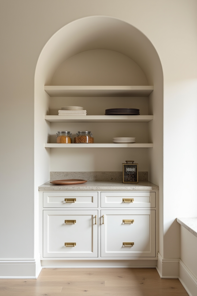 floor-to-ceiling arched pantry niche with integrated cabinetry and open shelving framed by a soft Roman arch header fitted with unlacquered brass bin pulls and exposed hinges home decor