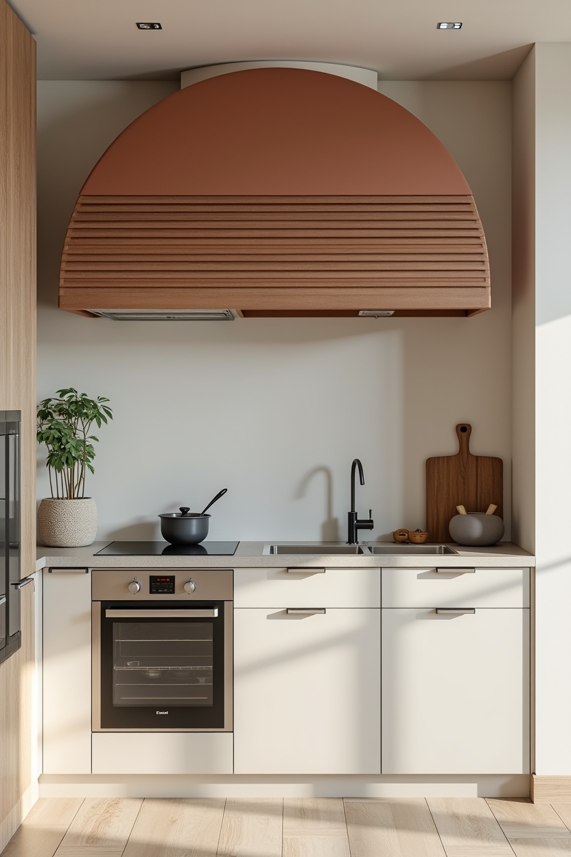 horizontal slatted walnut valance concealing downdraft home decor