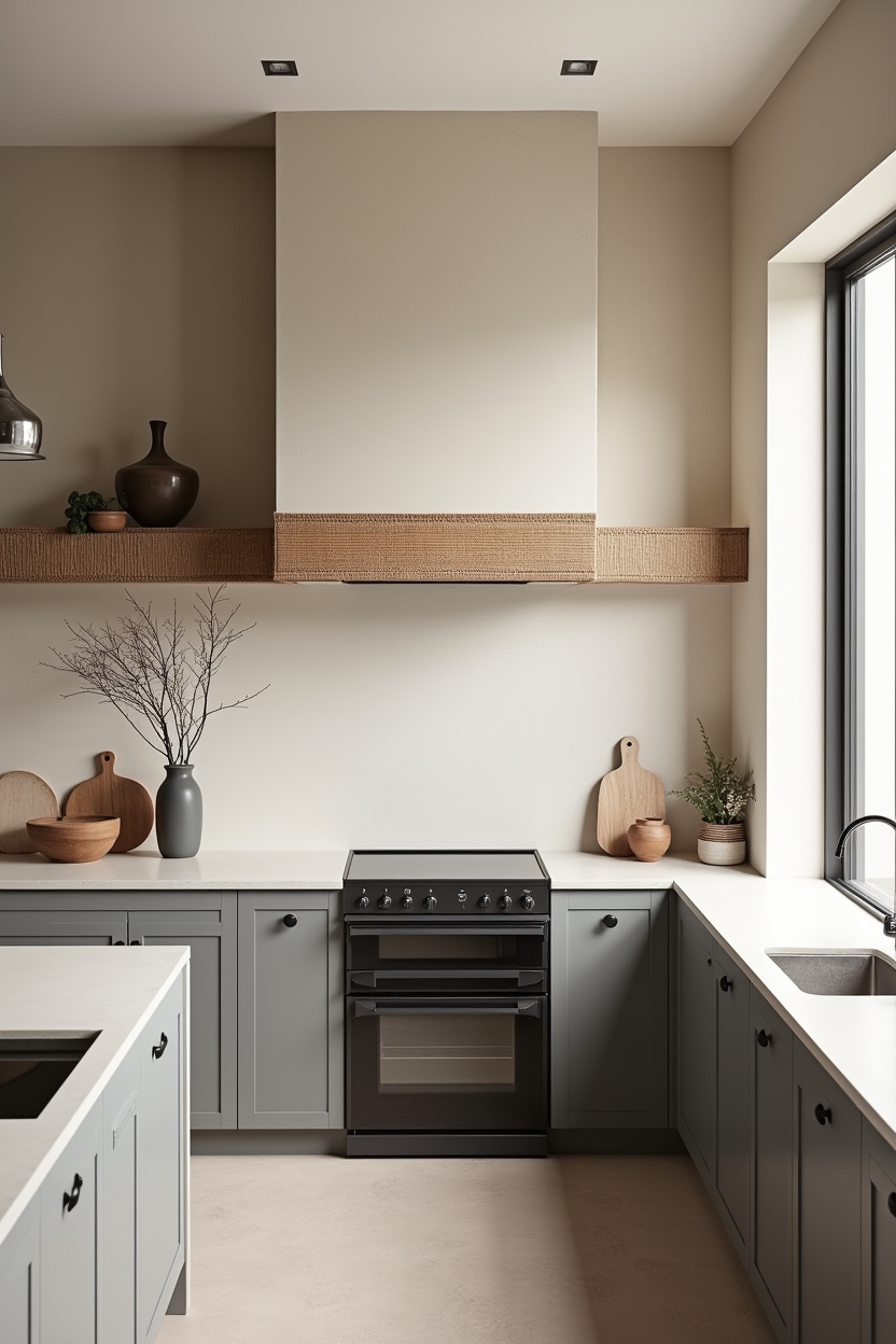 textured light concrete hood wrap with woven rattan trim home decor
