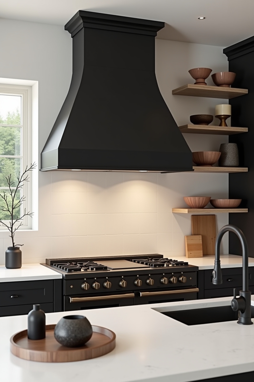 matte black tapered chimney with reclaimed oak face home decor