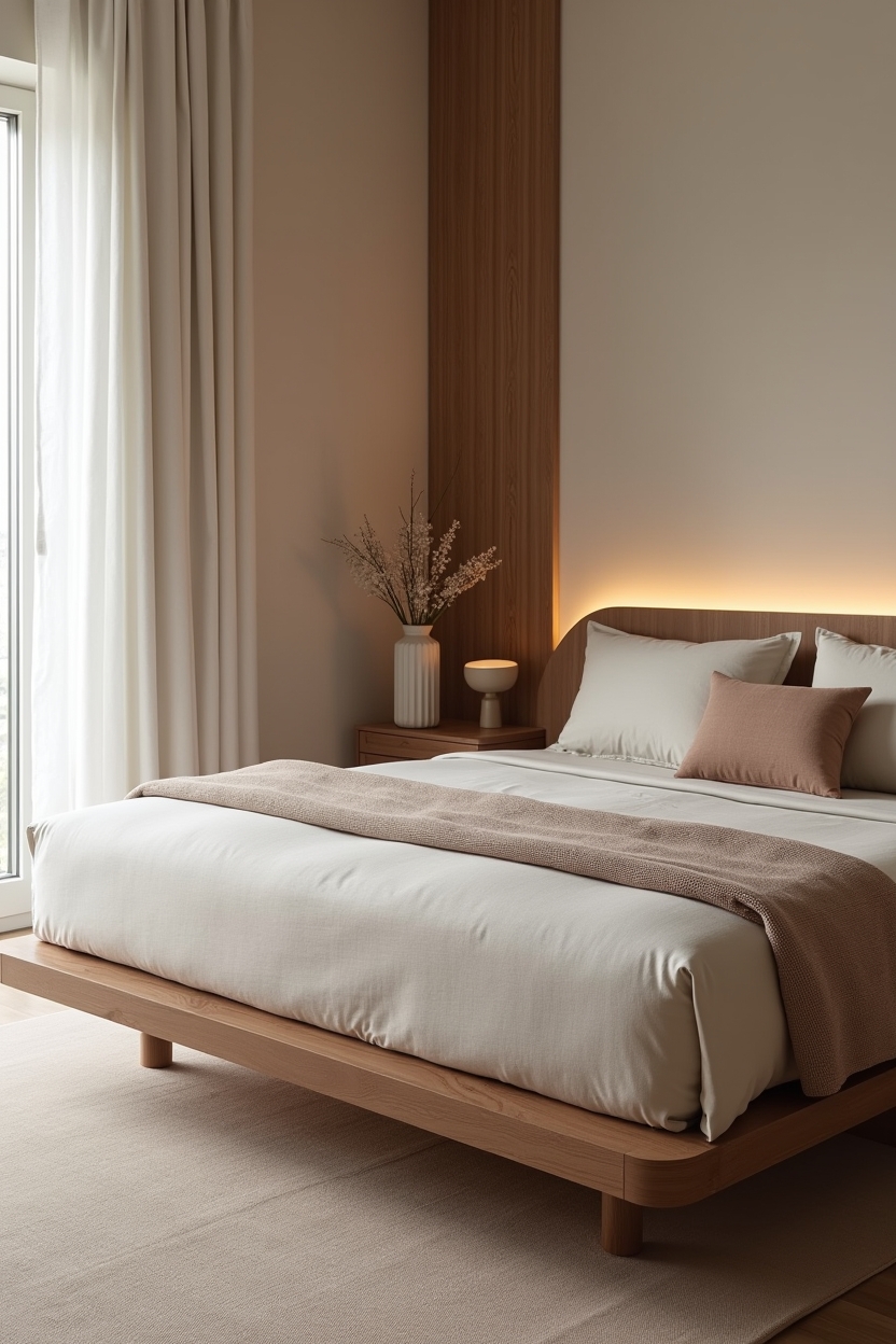 curved low-platform walnut bed home decor