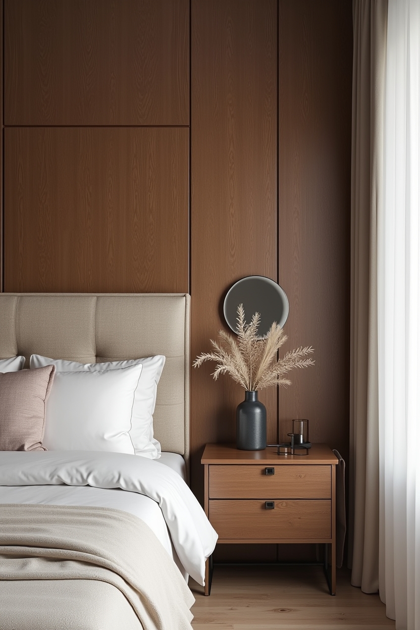 monochrome smoked oak headboard wall with inset shallow shoji grid home decor