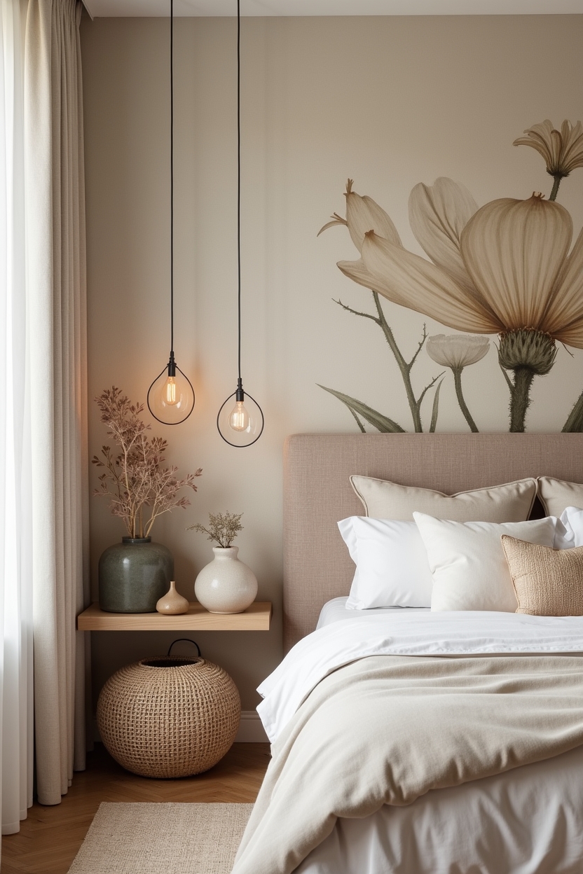 low-contrast linen-textured wallpaper mural with oversized desaturated botanicals home decor