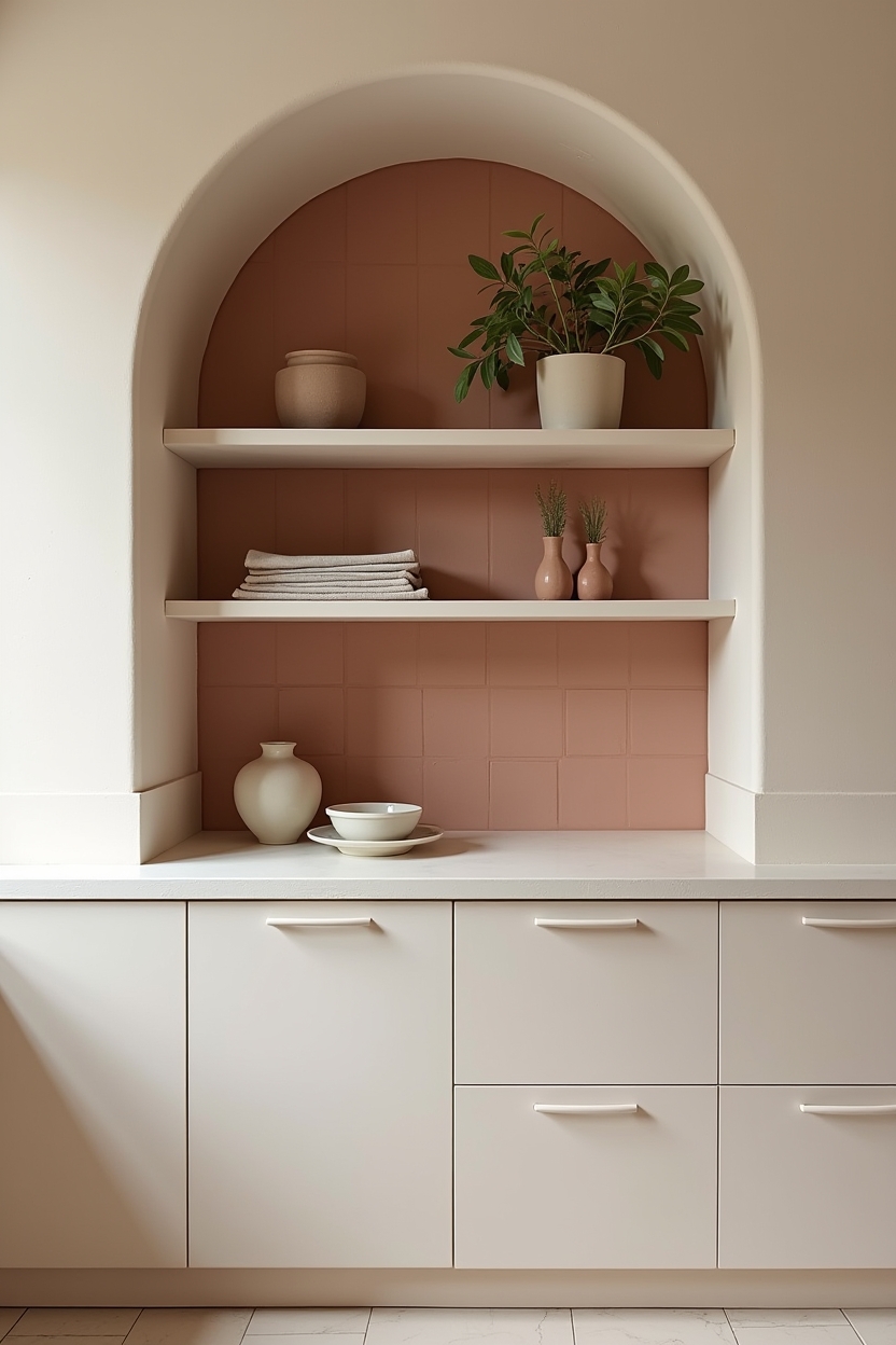 curved plaster shelf with arch bracket replacing upper cabinets home decor