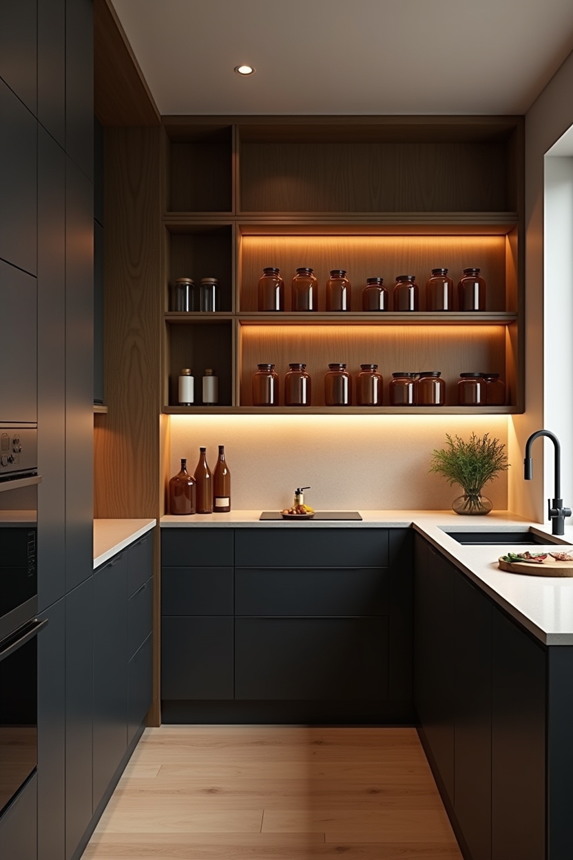 espresso lower cabinets with open upper shelving displaying amber glass jars on slim floating ledge home decor