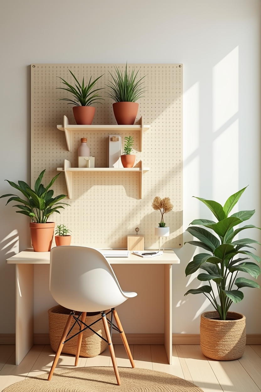 cream apartment office ideas — cream pegboard with matching grid shelves featuring clustered terracotta planters