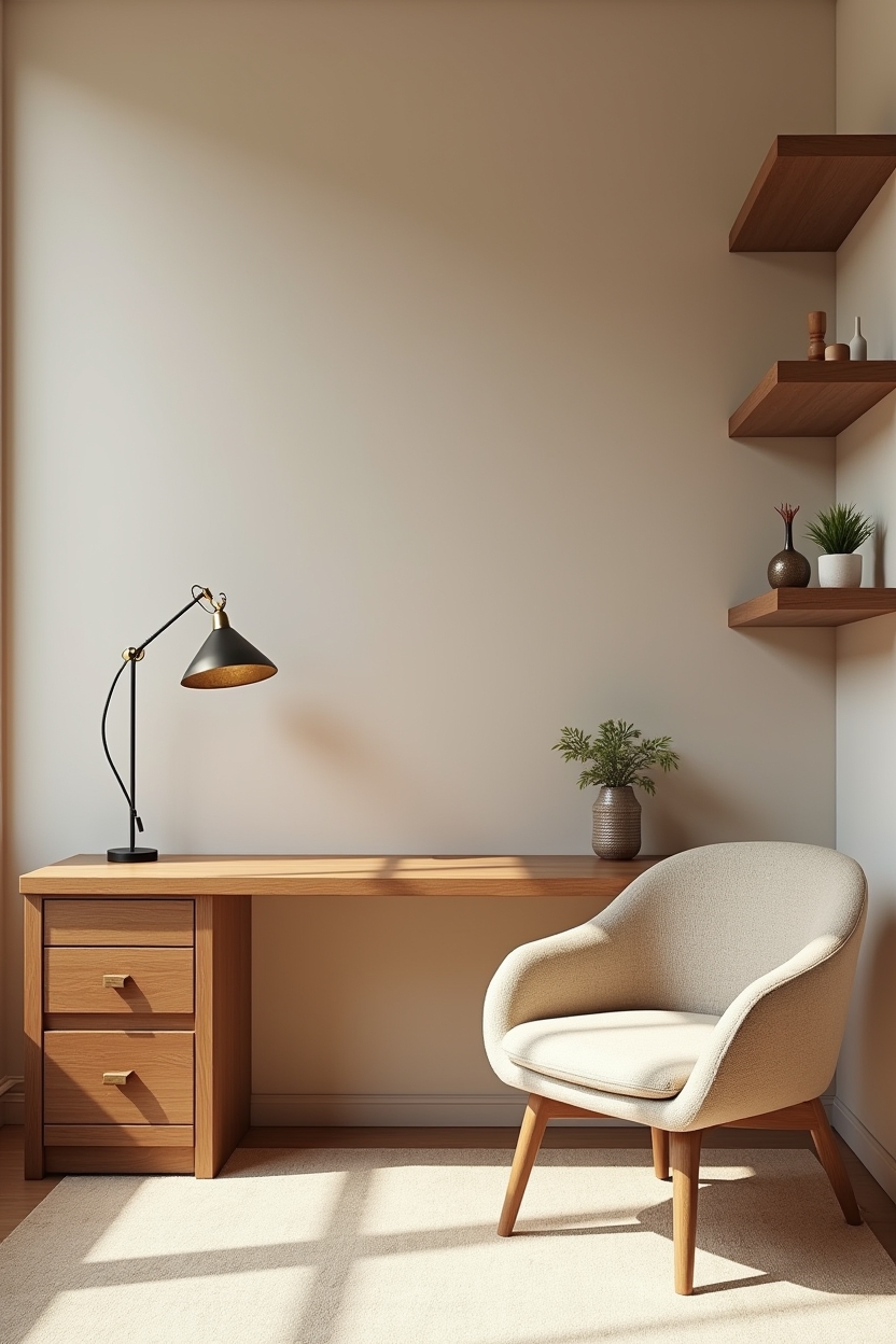 cream apartment office ideas — bouclé-wrapped curved desk featuring bouclé curved desk