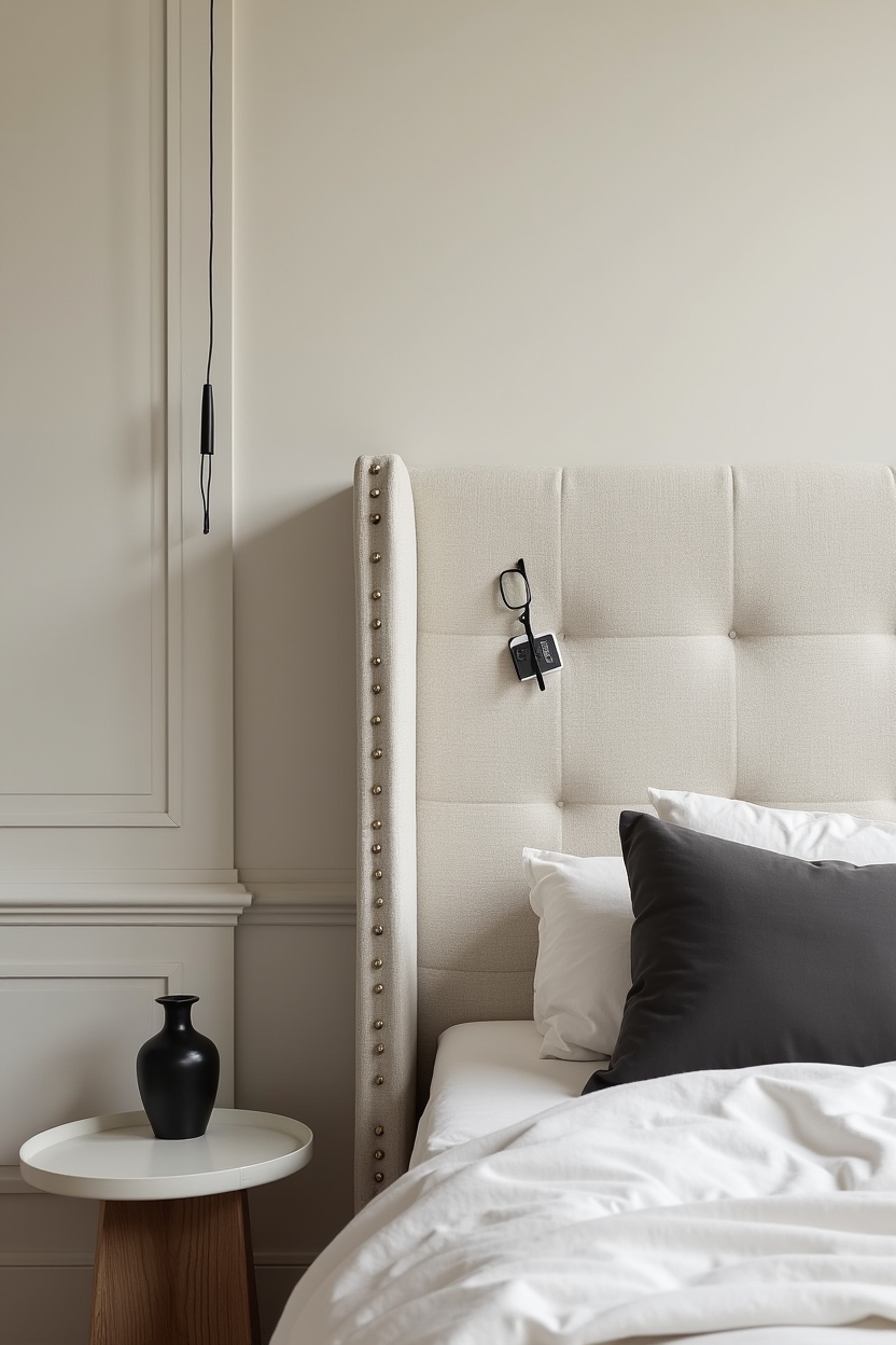 linen-wrapped shallow tufted headboard with hidden pockets home decor