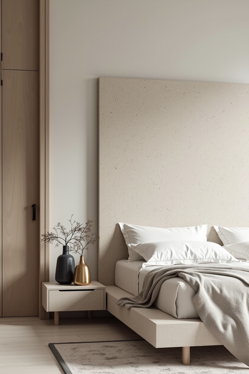 freestanding honed terrazzo slab leaned as headboard home decor
