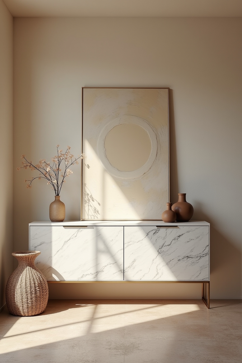 contemporary luxury dining room decor — low-profile marble sideboard featuring trowelled textured plaster wall