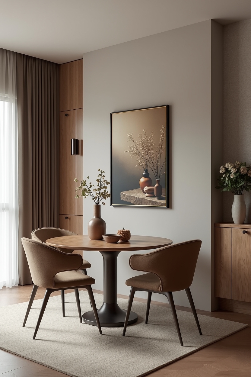 contemporary luxury dining room decor — matte-black digital art frame with visible screen content featuring high-resolution digital art frame