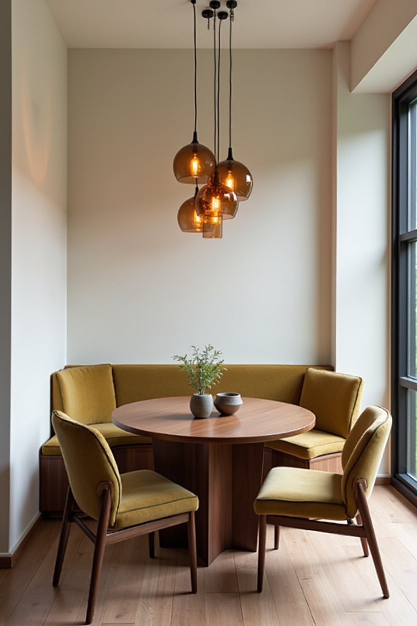 contemporary luxury dining room decor — round sculpted walnut table featuring amber-tinted glass pendant cluster