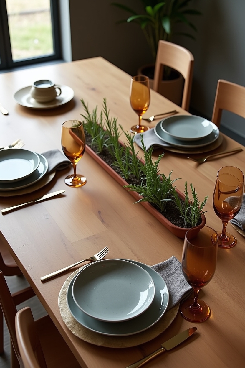 contemporary luxury dining room decor — warm-brass flatware set at place settings featuring mixed-metals tablescape
