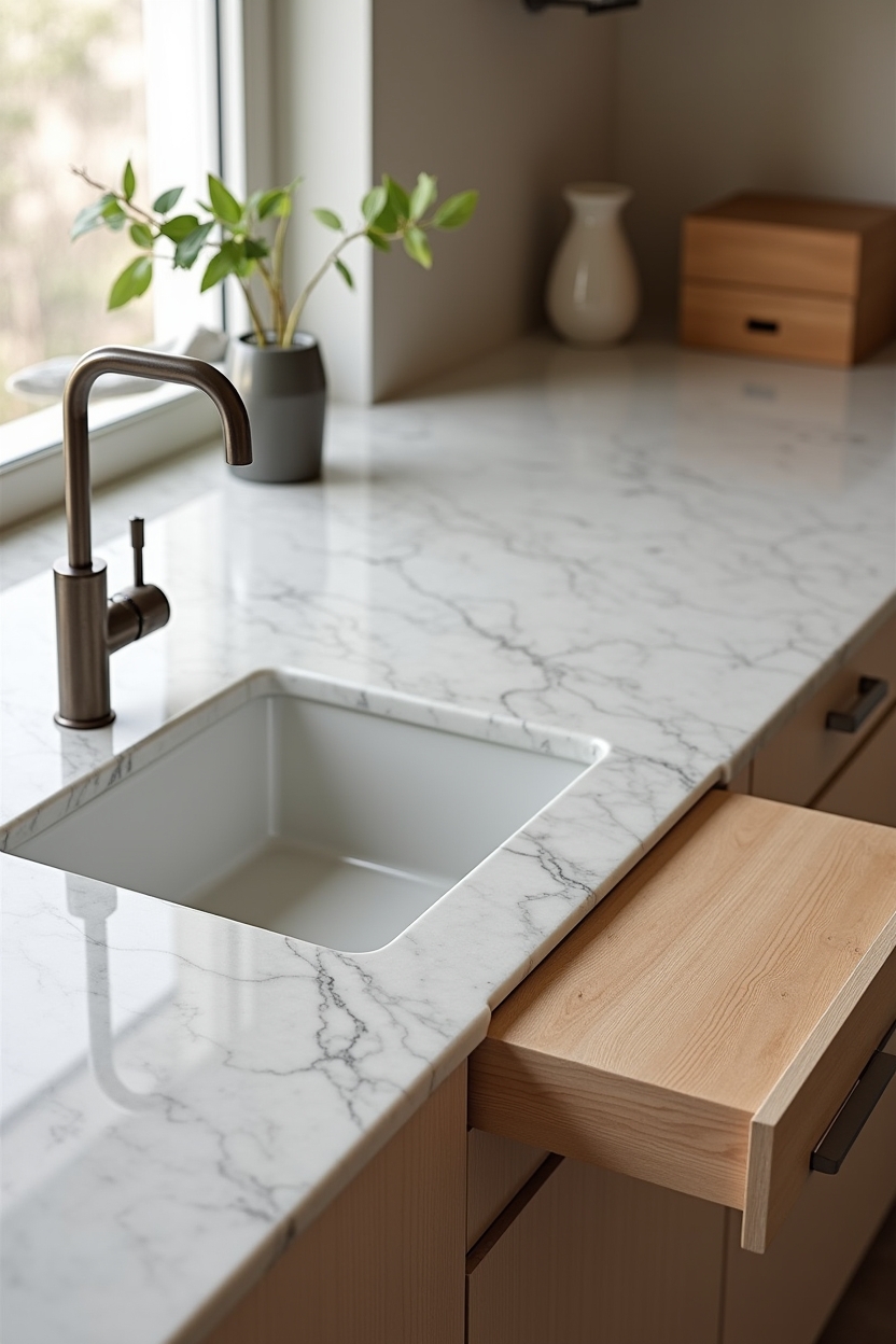 timeless luxury kitchen sink area ideas — recessed marble tray featuring recessed marble tray carved into the sink ledge